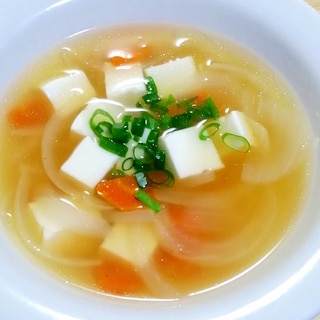 レンジ蒸し鶏の煮汁活用♡玉葱と豆腐のスープ♡無添加